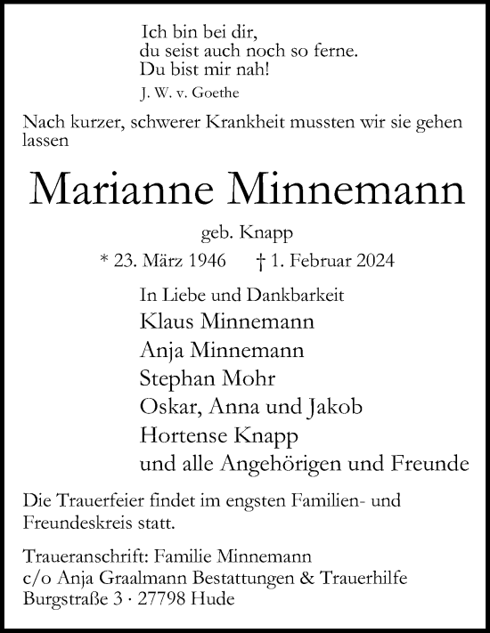 Traueranzeige von Marianne Minnemann von DK Medien GmbH & Co. KG
