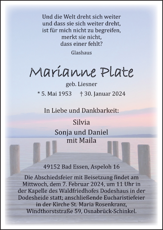 Traueranzeige von Marianne Plate von Neue Osnabrücker Zeitung GmbH & Co. KG