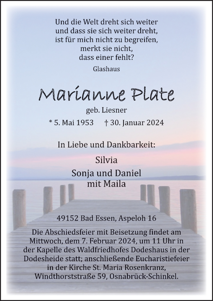  Traueranzeige für Marianne Plate vom 03.02.2024 aus Neue Osnabrücker Zeitung GmbH & Co. KG