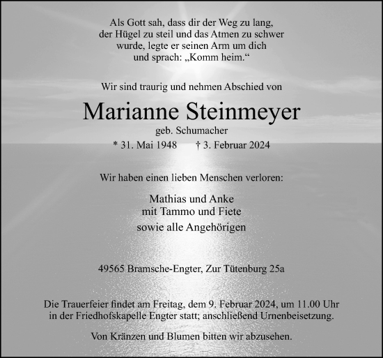 Traueranzeige von Marianne Steinmeyer von Neue Osnabrücker Zeitung GmbH & Co. KG