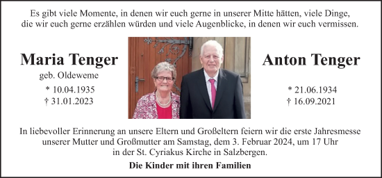 Traueranzeige von Maria und Anton Tenger von Neue Osnabrücker Zeitung GmbH & Co. KG