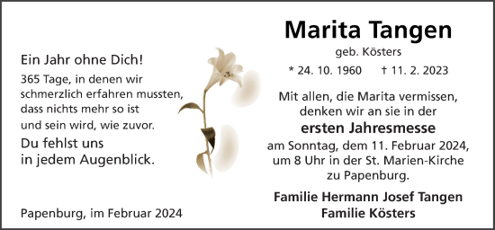 Traueranzeige von Marita Tangen von Neue Osnabrücker Zeitung GmbH & Co. KG