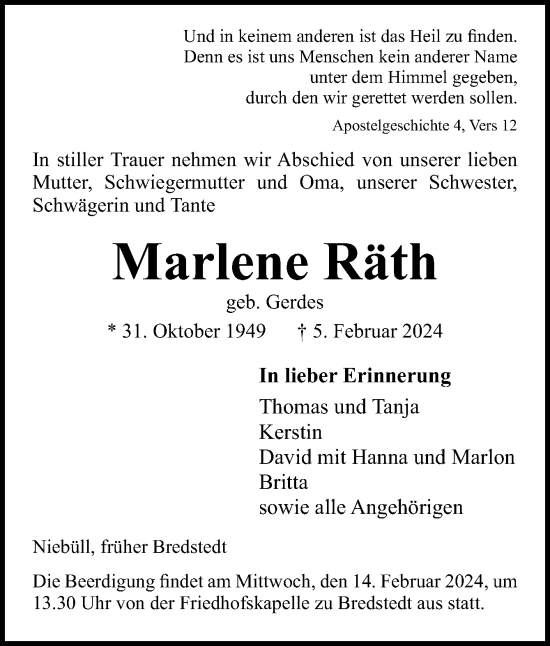 Traueranzeige von Marlene Räth von Neue Osnabrücker Zeitung GmbH & Co. KG