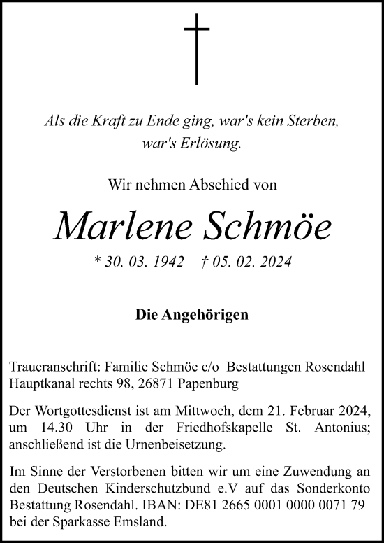 Traueranzeige von Marlene Schmöe von Neue Osnabrücker Zeitung GmbH & Co. KG