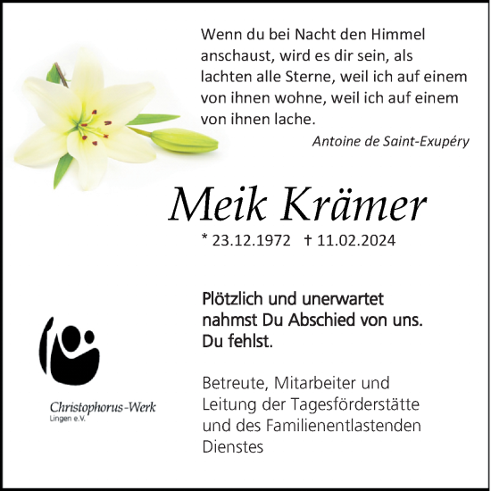 Traueranzeige von Meik Krämer von Neue Osnabrücker Zeitung GmbH & Co. KG
