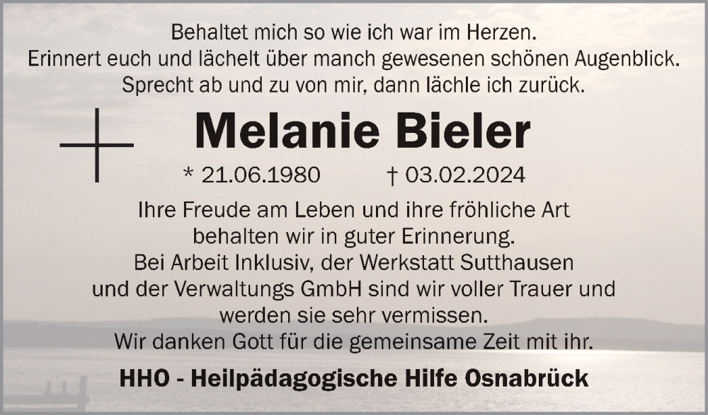  Traueranzeige für Melanie Bieler vom 10.02.2024 aus Neue Osnabrücker Zeitung GmbH & Co. KG