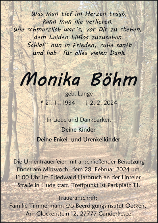 Traueranzeige von Monika Böhm von DK Medien GmbH & Co. KG