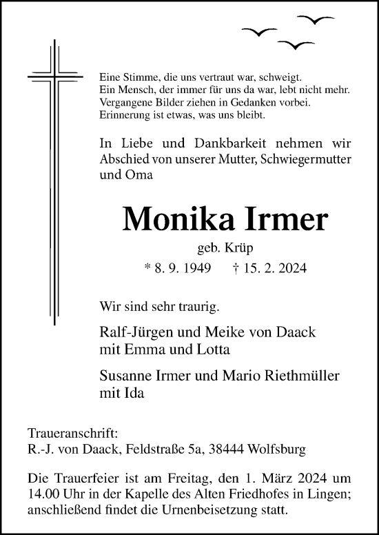 Traueranzeige von Monika Irmer von Neue Osnabrücker Zeitung GmbH & Co. KG
