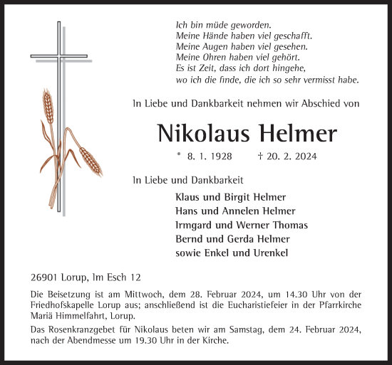 Traueranzeige von Nikolaus Helmer von Neue Osnabrücker Zeitung GmbH & Co. KG