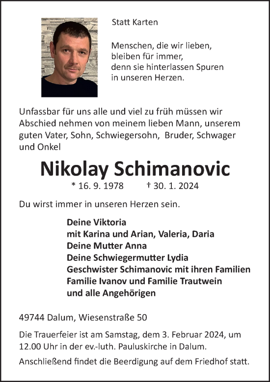 Traueranzeige von Nikolay Schimanovic von Neue Osnabrücker Zeitung GmbH & Co. KG