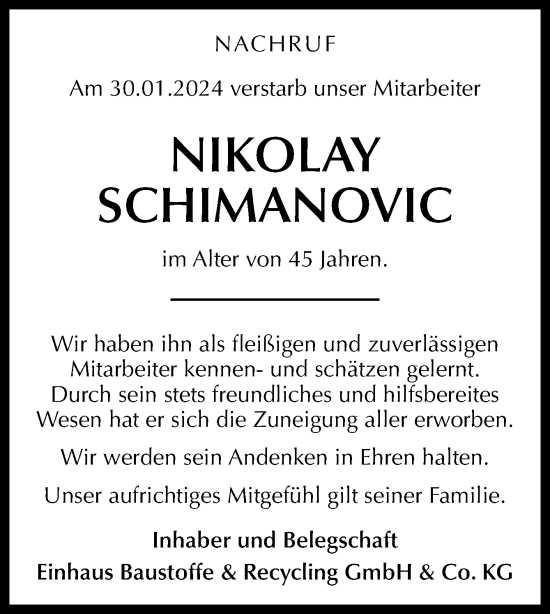 Traueranzeige von Nikolay Schimanovic von Neue Osnabrücker Zeitung GmbH & Co. KG