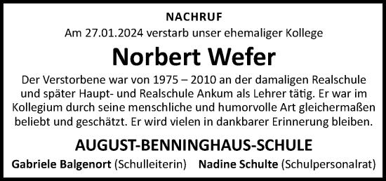 Traueranzeige von Norbert Wefer von Neue Osnabrücker Zeitung GmbH & Co. KG