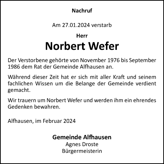 Traueranzeige von Norbert Wefer von Neue Osnabrücker Zeitung GmbH & Co. KG