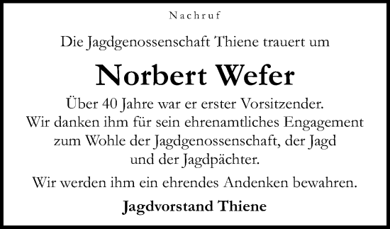 Traueranzeige von Norbert Wefer von Neue Osnabrücker Zeitung GmbH & Co. KG