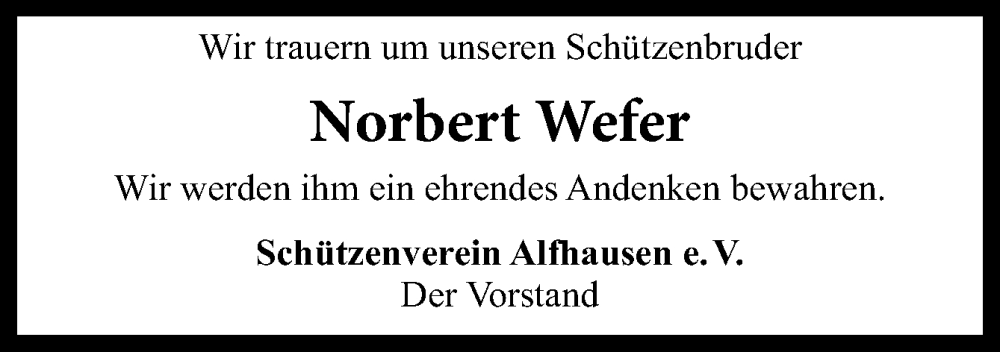  Traueranzeige für Norbert Wefer vom 01.02.2024 aus Neue Osnabrücker Zeitung GmbH & Co. KG