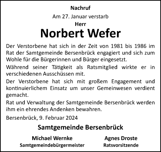 Traueranzeige von Norbert Wefer von Neue Osnabrücker Zeitung GmbH & Co. KG