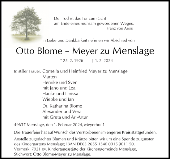 Traueranzeige von Otto Blome–Meyer zu Menslage von Neue Osnabrücker Zeitung GmbH & Co. KG