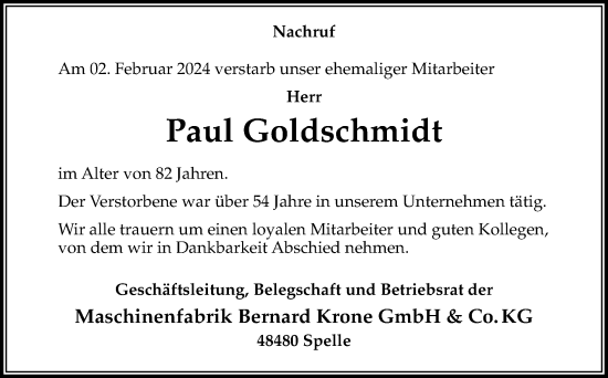 Traueranzeige von Paul Goldschmidt von Neue Osnabrücker Zeitung GmbH & Co. KG