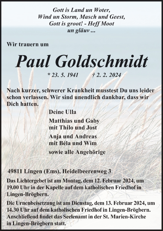 Traueranzeige von Paul Goldschmidt von Neue Osnabrücker Zeitung GmbH & Co. KG