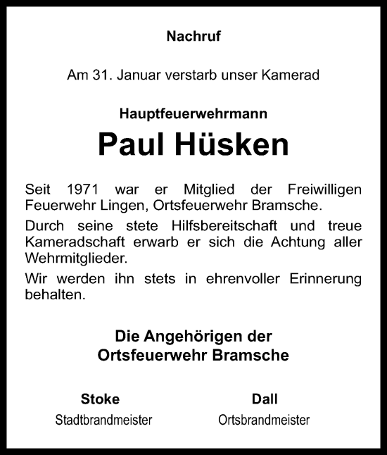 Traueranzeige von Paul Hüsken von Neue Osnabrücker Zeitung GmbH & Co. KG