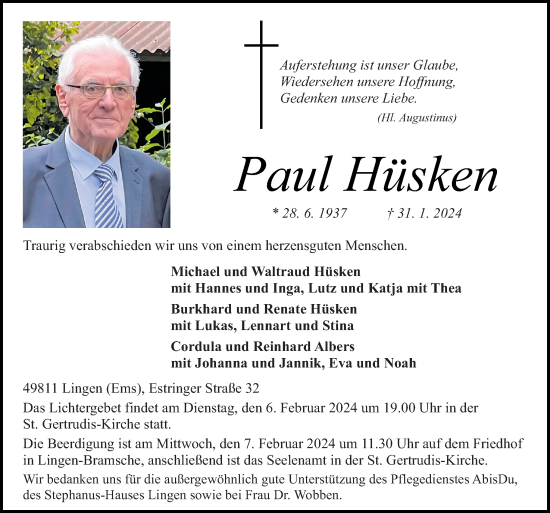 Traueranzeige von Paul Hüsken von Neue Osnabrücker Zeitung GmbH & Co. KG