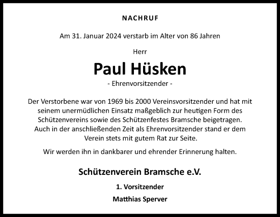 Traueranzeige von Paul Hüsken von Neue Osnabrücker Zeitung GmbH & Co. KG