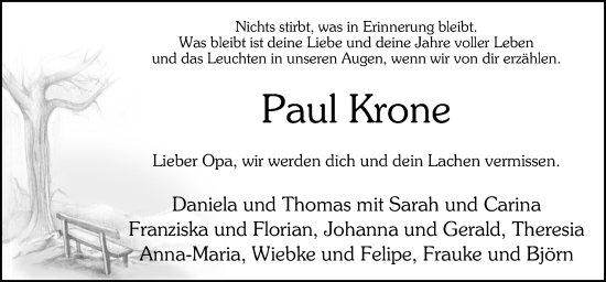 Traueranzeige von Paul Krone von Neue Osnabrücker Zeitung GmbH & Co. KG