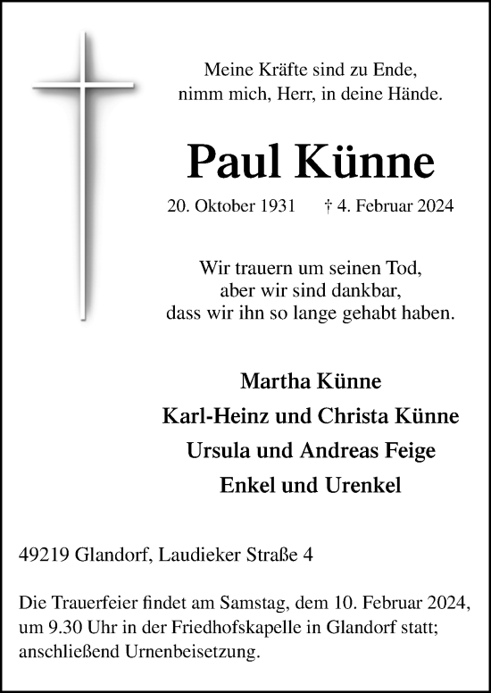 Traueranzeige von Paul Künne von Neue Osnabrücker Zeitung GmbH & Co. KG