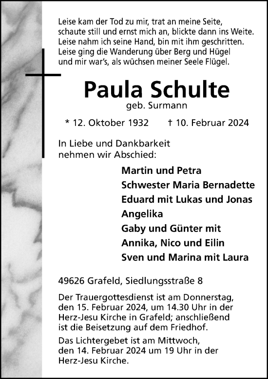 Traueranzeige von Paula Schulte von Neue Osnabrücker Zeitung GmbH & Co. KG