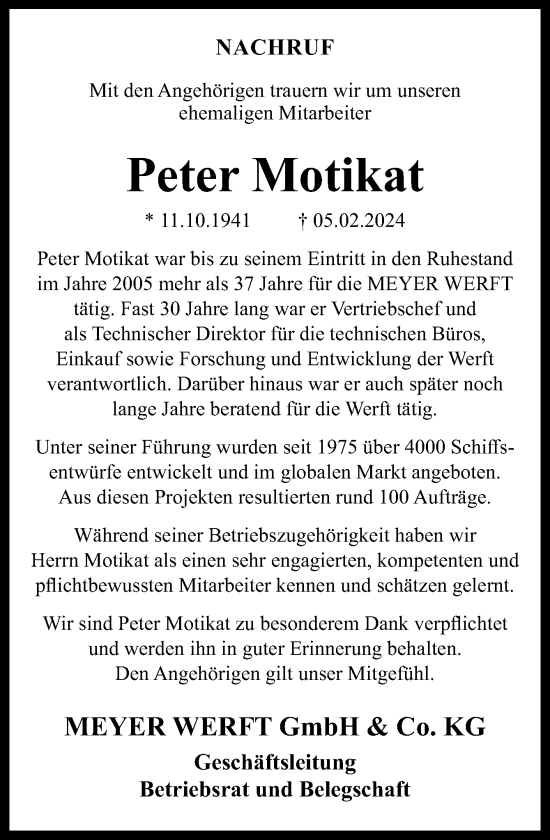 Traueranzeige von Peter Motikat von Neue Osnabrücker Zeitung GmbH & Co. KG