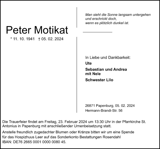 Traueranzeige von Peter Motikat von Neue Osnabrücker Zeitung GmbH & Co. KG