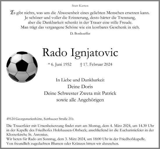 Traueranzeige von Rado Ignjatovic von Neue Osnabrücker Zeitung GmbH & Co. KG