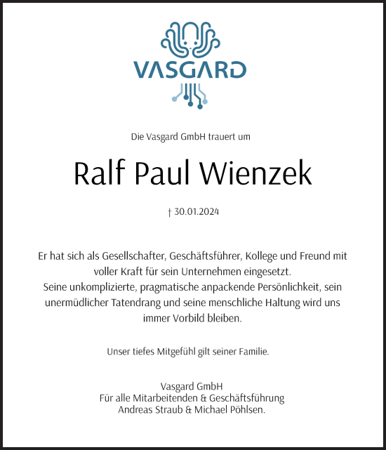 Traueranzeige von Ralf Paul Wienzek von Neue Osnabrücker Zeitung GmbH & Co. KG