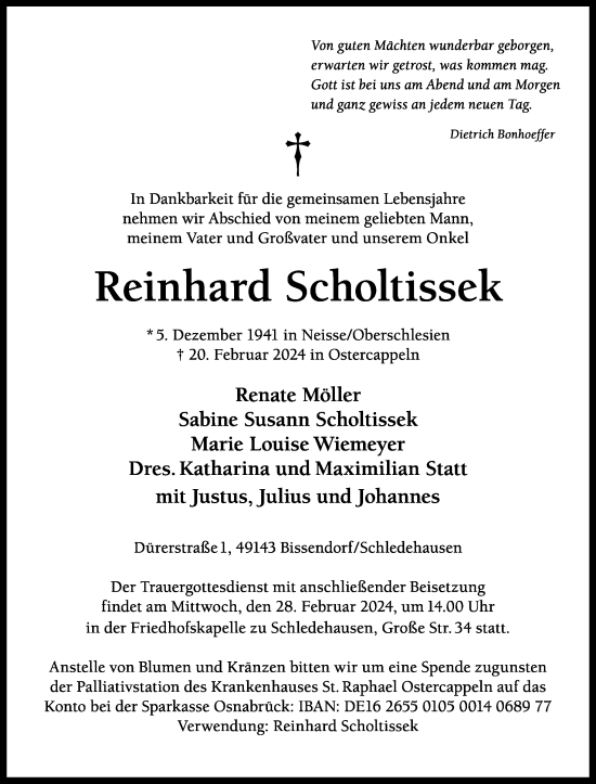 Traueranzeige von Reinhard Scholtissek von Neue Osnabrücker Zeitung GmbH & Co. KG