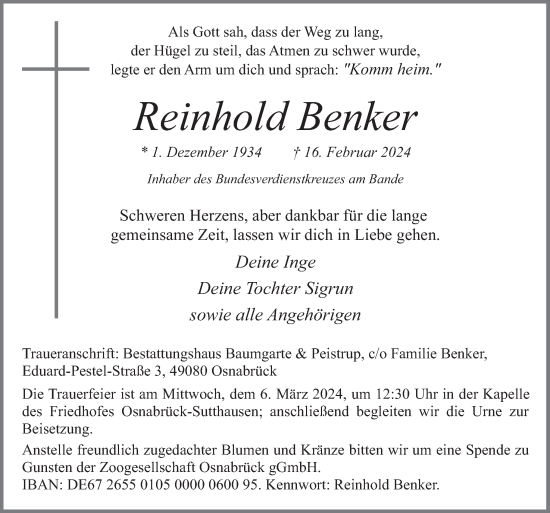 Traueranzeige von Reinhold Benker von Neue Osnabrücker Zeitung GmbH & Co. KG