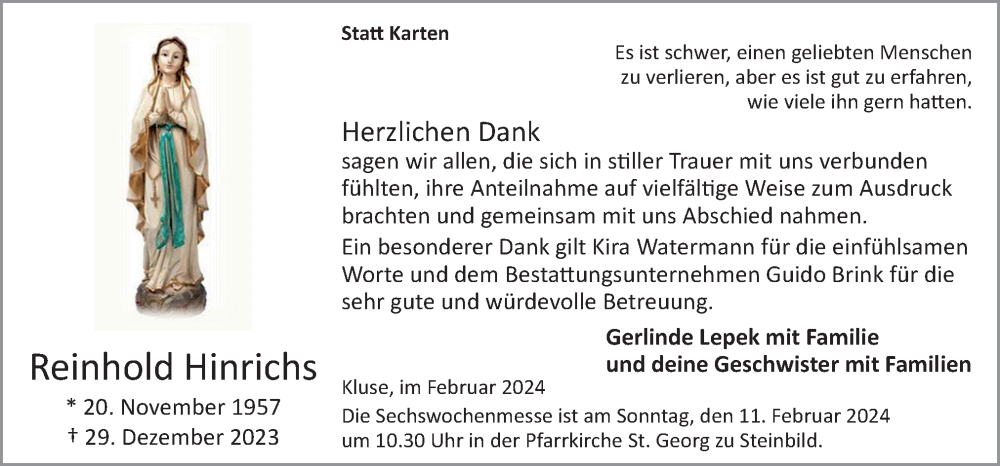  Traueranzeige für Reinhold Hinrichs vom 07.02.2024 aus Neue Osnabrücker Zeitung GmbH & Co. KG