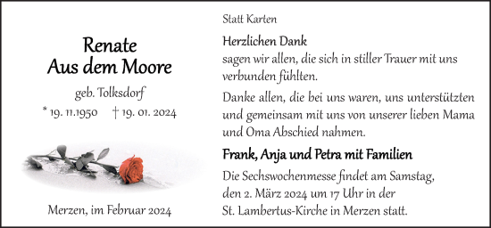 Traueranzeige von Renate aus dem Moore von Neue Osnabrücker Zeitung GmbH & Co. KG