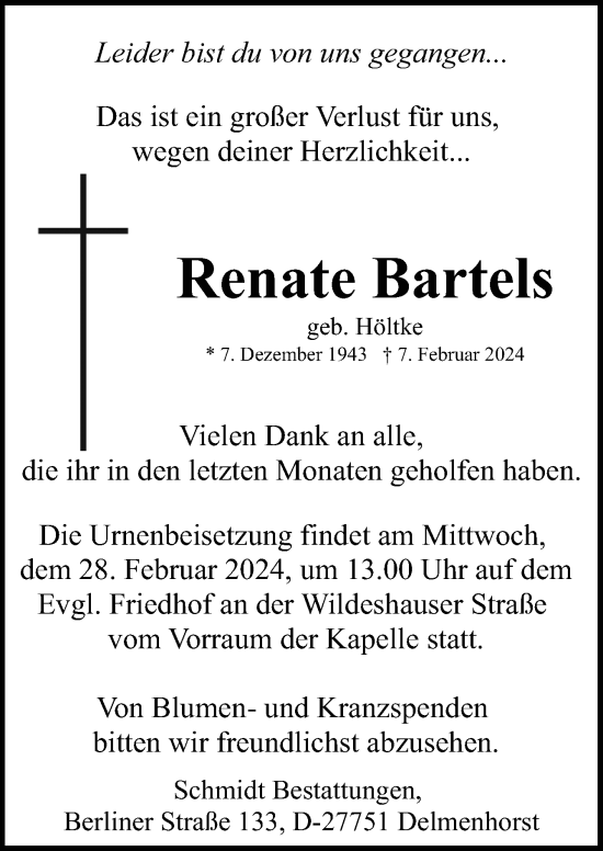 Traueranzeige von Renate Bartels von DK Medien GmbH & Co. KG