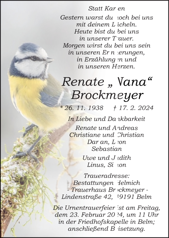 Traueranzeige von Renate Brockmeyer von Neue Osnabrücker Zeitung GmbH & Co. KG