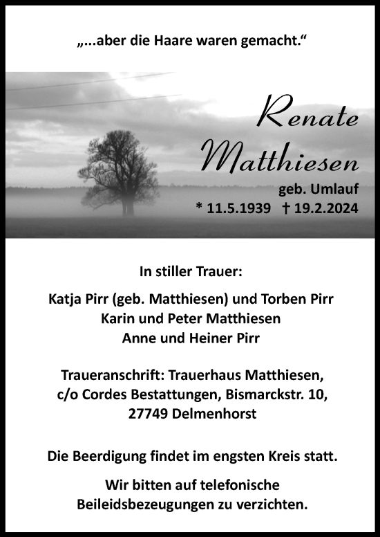 Traueranzeige von Renate Matthiesen von DK Medien GmbH & Co. KG