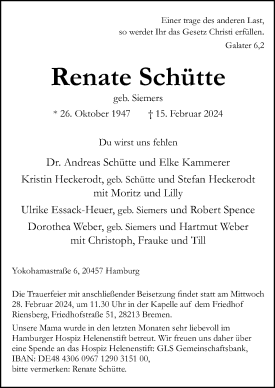 Traueranzeige von Renate Schütte von DK Medien GmbH & Co. KG