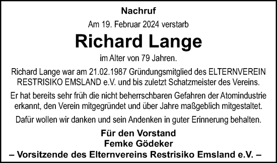 Traueranzeige von Richard Lange von Neue Osnabrücker Zeitung GmbH & Co. KG