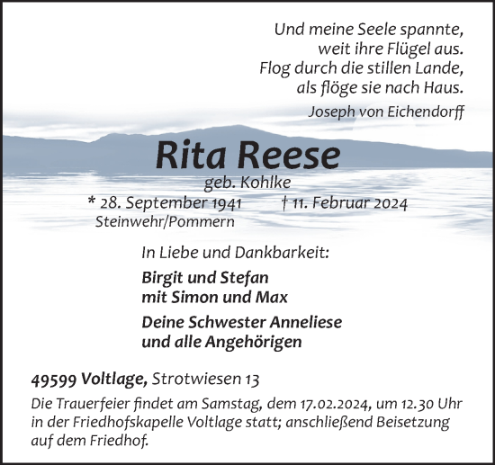 Traueranzeige von Rita Reese von Neue Osnabrücker Zeitung GmbH & Co. KG