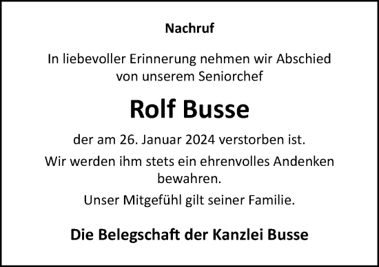 Traueranzeige von Rolf Busse von Neue Osnabrücker Zeitung GmbH & Co. KG