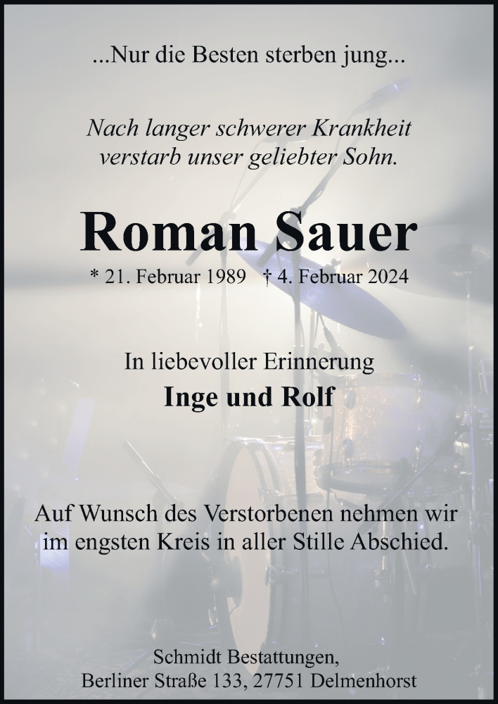  Traueranzeige für Roman Sauer vom 10.02.2024 aus DK Medien GmbH & Co. KG