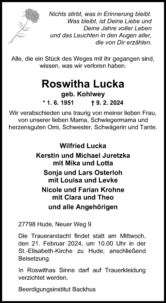 Traueranzeige von Roswitha Lucka von DK Medien GmbH & Co. KG