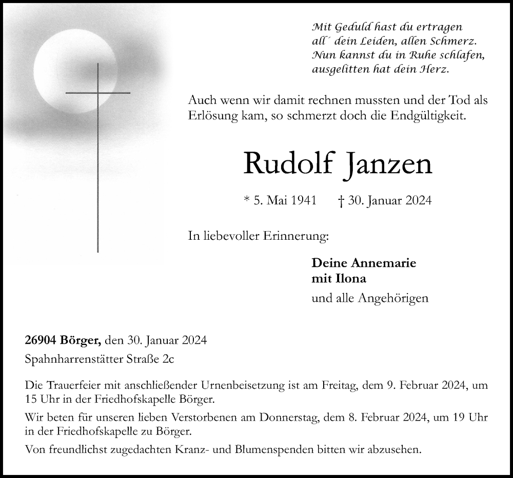  Traueranzeige für Rudolf Janzen vom 03.02.2024 aus Neue Osnabrücker Zeitung GmbH & Co. KG