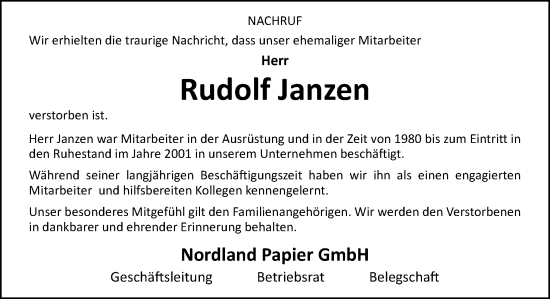 Traueranzeige von Rudolf Janzen von Neue Osnabrücker Zeitung GmbH & Co. KG