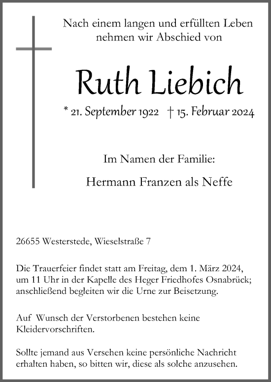 Traueranzeige von Ruth Liebich von Neue Osnabrücker Zeitung GmbH & Co. KG