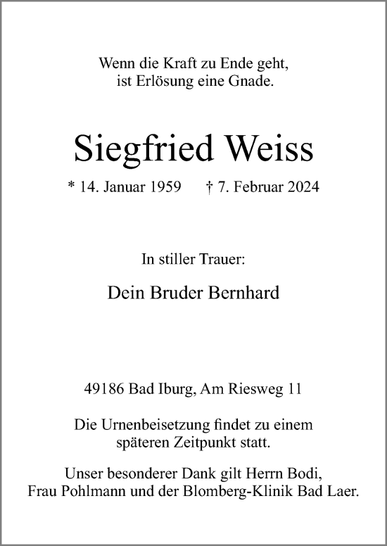 Traueranzeige von Siegfried Weiss von Neue Osnabrücker Zeitung GmbH & Co. KG